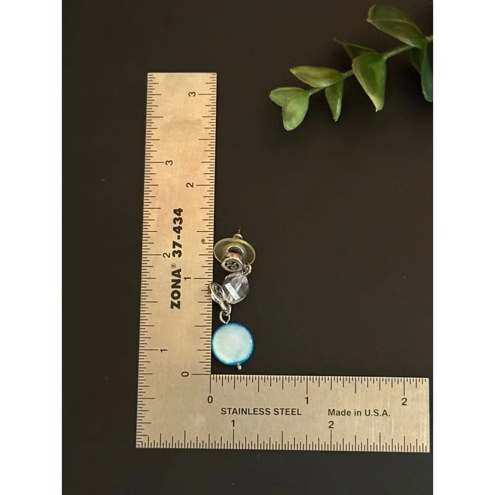 Brighton Blue Mother of Pearl Crystal Drop Earrings Silver Tone Scroll Logo